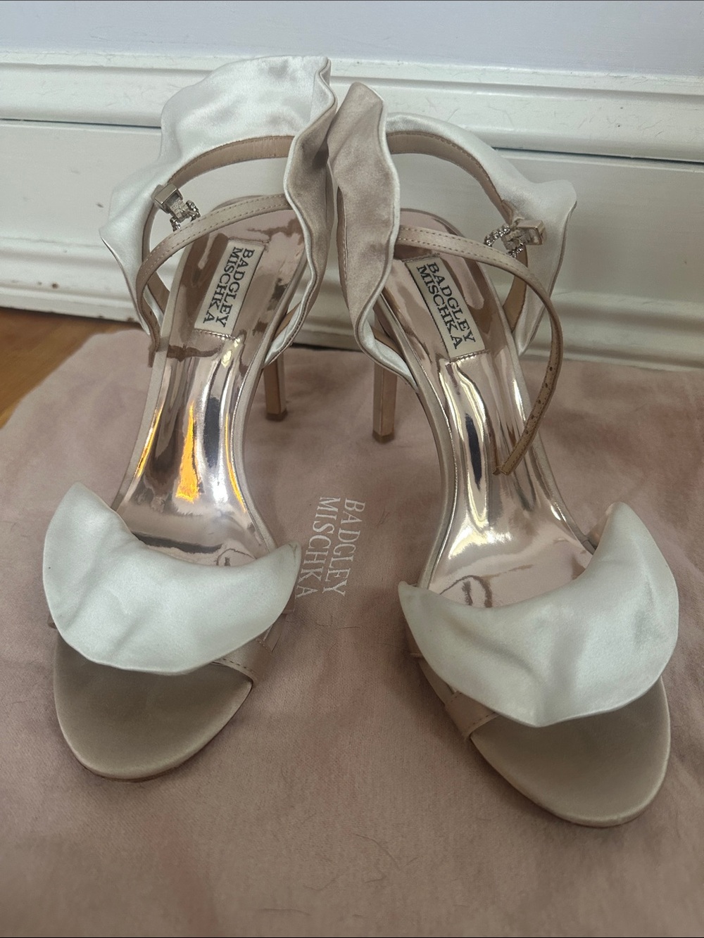 Badgley Mischka blush satin ruffle heel sandals